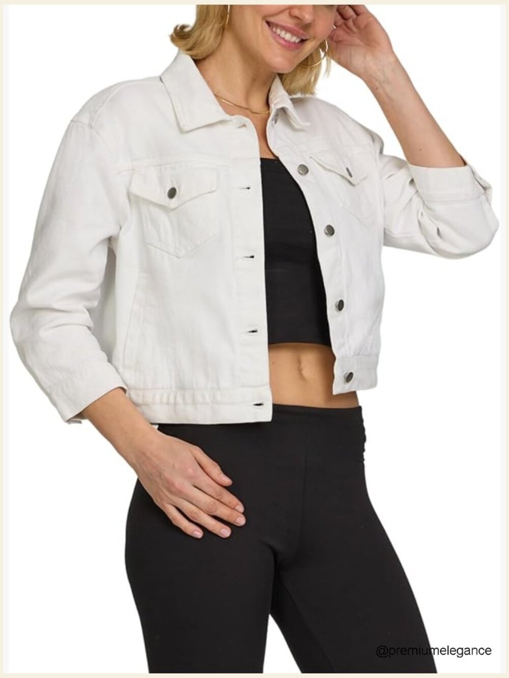 3/4 Sleeve Cropped Denim Jacket Button Front Casual